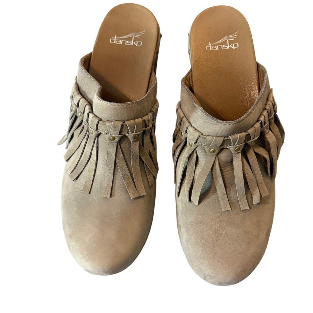 Dansko Deni Clogs 42 Taupe Nubuck Leather Fringe Studded Boho Mule Heels 11.5-12